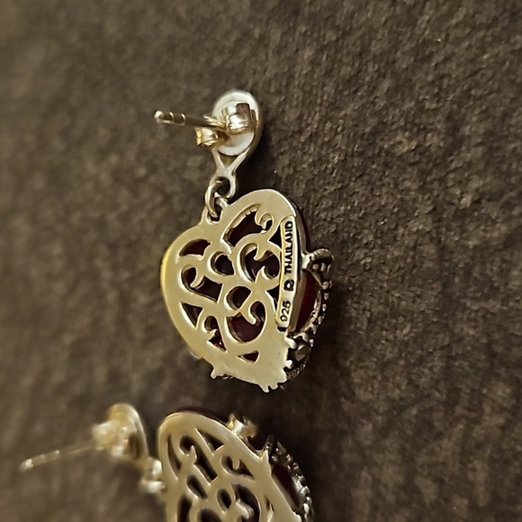 ROSS SIMONS Vintage Style Sterling Silver Red Glass Marcasite Drop Post Earrings - Picture 5 of 6